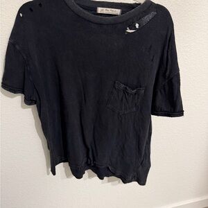 Free People Charcoal Distressed Short Sleeve Tee